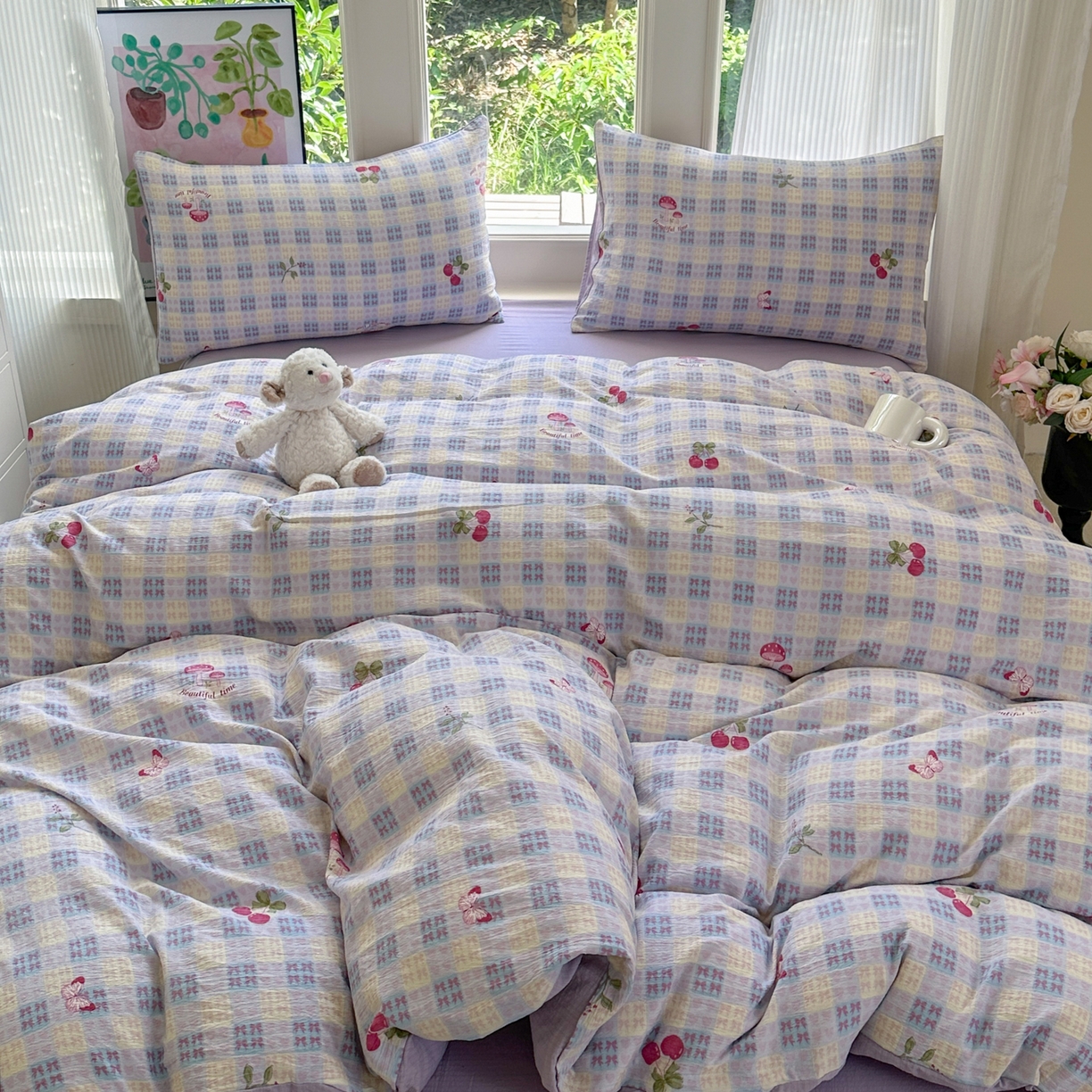 91家纺网 家纺一手货源 找家纺 桔禾家纺 2025新款小清新水洗棉有氧双层纱印花云感木棉皱皱纱四件套 樱桃紫