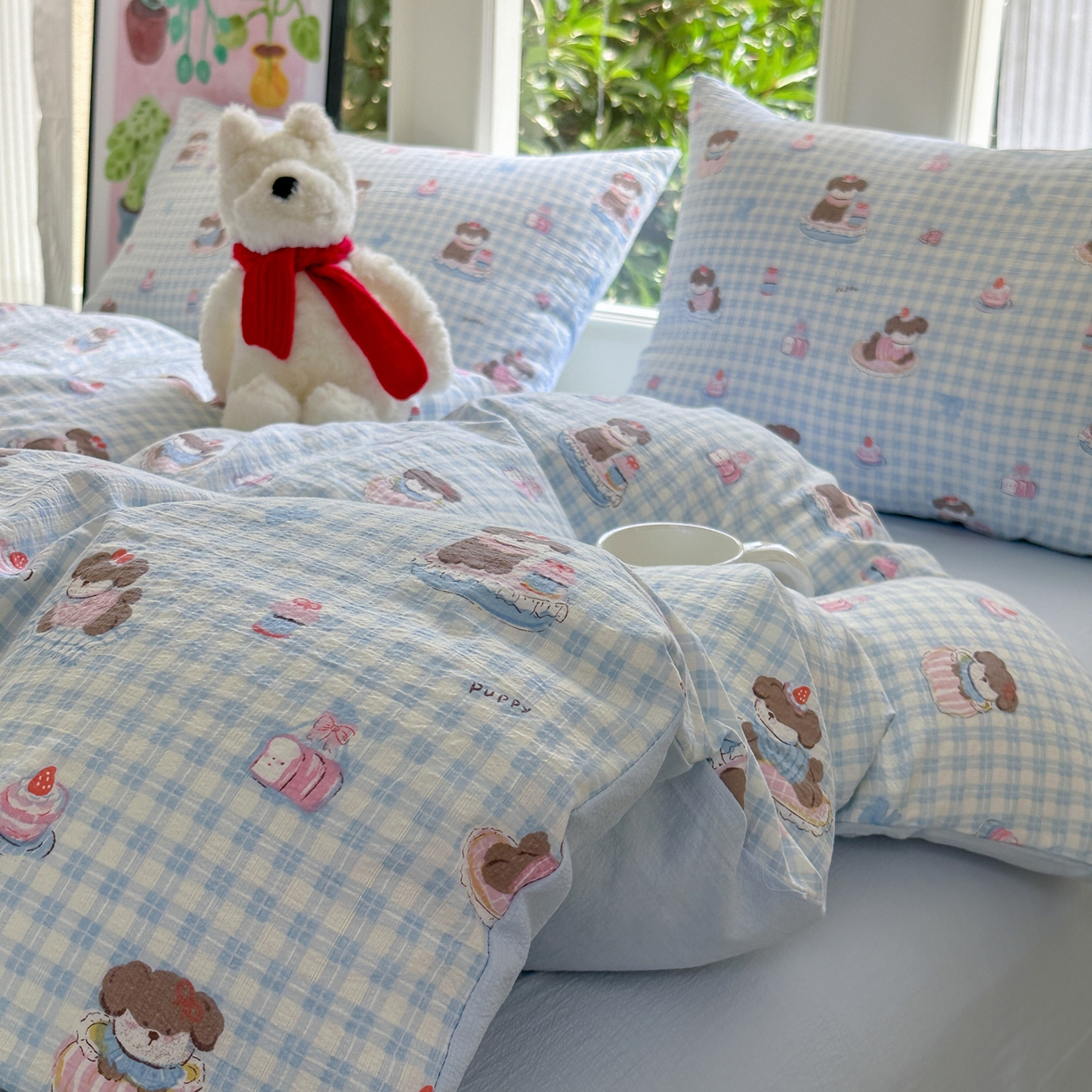 91家纺网 家纺一手货源 找家纺 桔禾家纺 2025新款小清新水洗棉有氧双层纱印花云感木棉皱皱纱四件套 蛋糕小狗