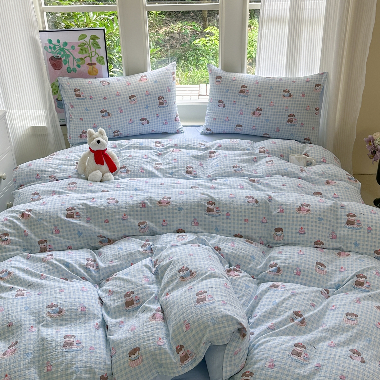 91家纺网 家纺一手货源 找家纺 桔禾家纺 2025新款小清新水洗棉有氧双层纱印花云感木棉皱皱纱四件套 蛋糕小狗