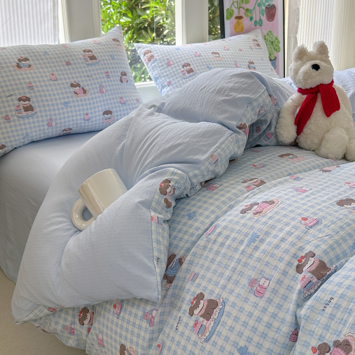 91家纺网 家纺一手货源 找家纺 桔禾家纺 2025新款小清新水洗棉有氧双层纱印花云感木棉皱皱纱四件套 蛋糕小狗