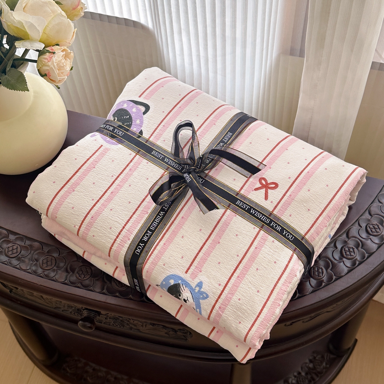 桔禾家纺 2025新款小清新水洗棉有氧双层纱印花云感木棉皱皱纱四件套 萌宠来袭