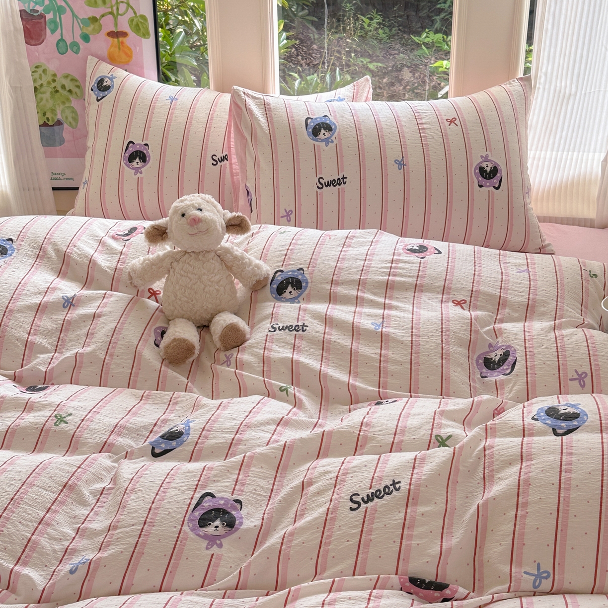 91家纺网 家纺一手货源 找家纺 桔禾家纺 2025新款小清新水洗棉有氧双层纱印花云感木棉皱皱纱四件套 萌宠来袭