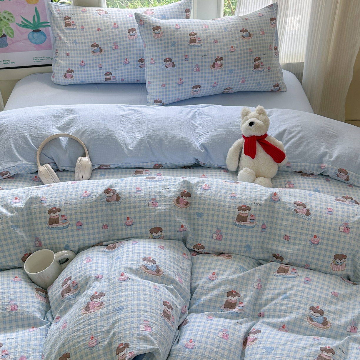 91家纺网 家纺一手货源 找家纺 桔禾家纺 2025新款小清新水洗棉有氧双层纱印花云感木棉皱皱纱四件套 蛋糕小狗