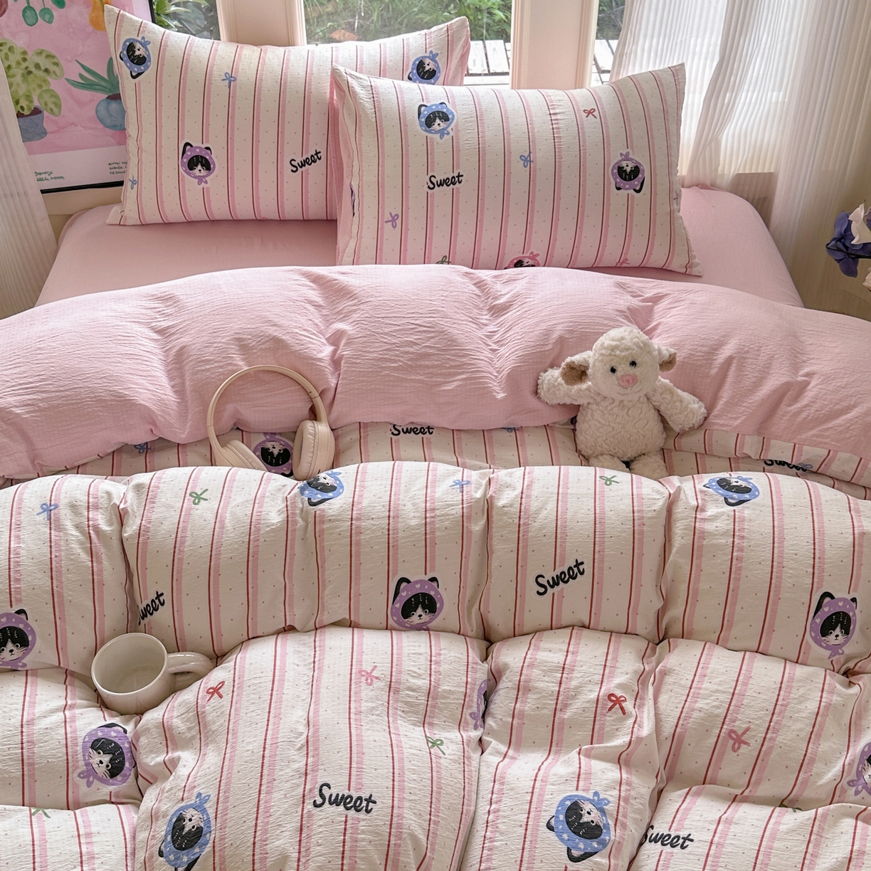 91家纺网 家纺一手货源 找家纺 桔禾家纺 2025新款小清新水洗棉有氧双层纱印花云感木棉皱皱纱四件套 萌宠来袭