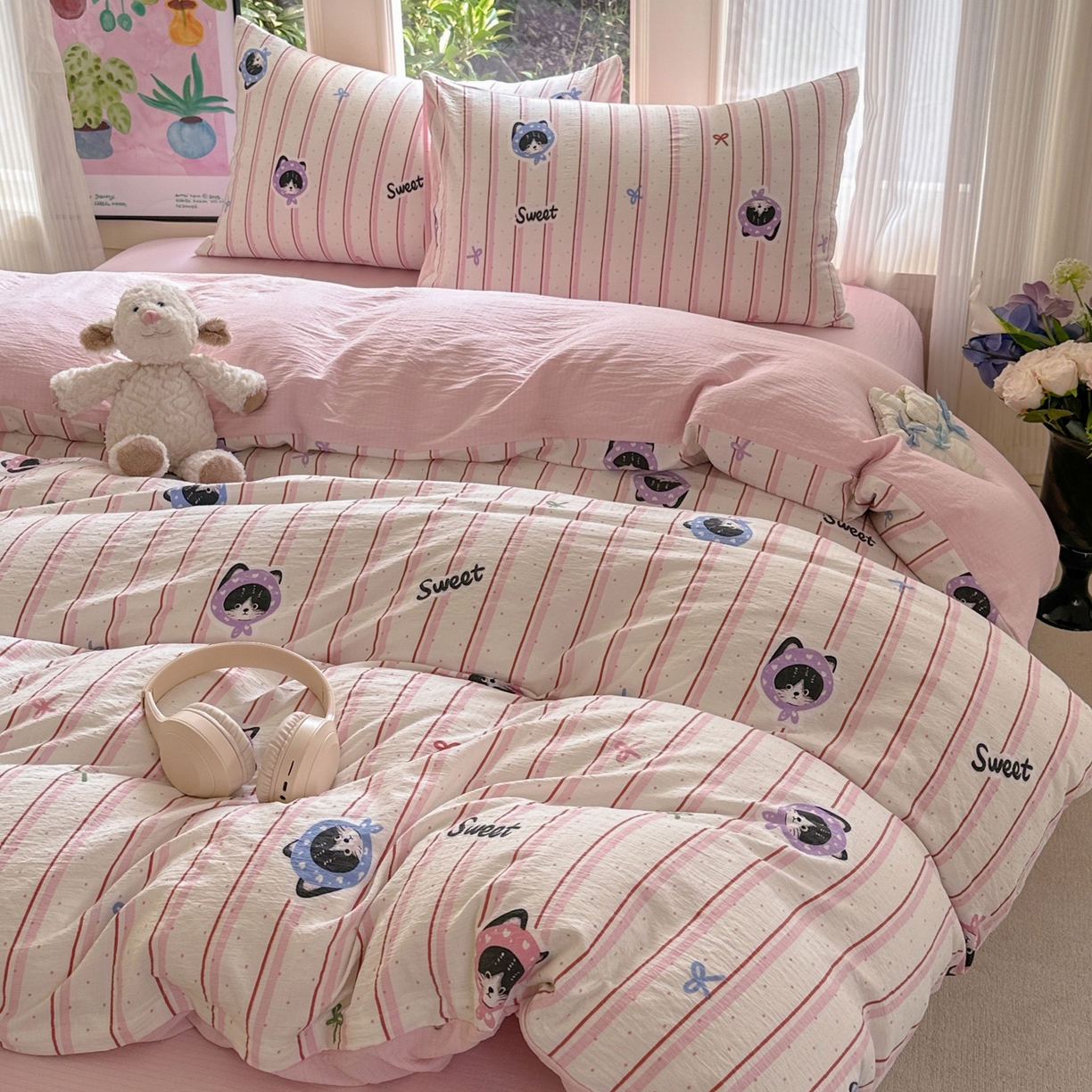 91家纺网 家纺一手货源 找家纺 桔禾家纺 2025新款小清新水洗棉有氧双层纱印花云感木棉皱皱纱四件套 萌宠来袭