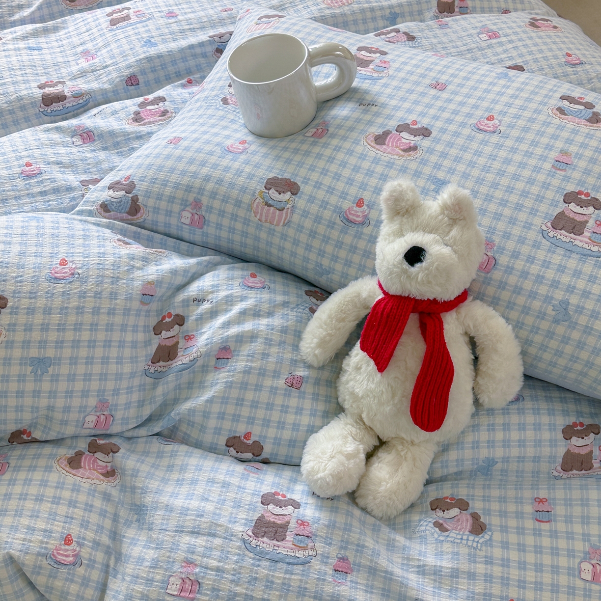 91家纺网 家纺一手货源 找家纺 桔禾家纺 2025新款小清新水洗棉有氧双层纱印花云感木棉皱皱纱四件套 蛋糕小狗