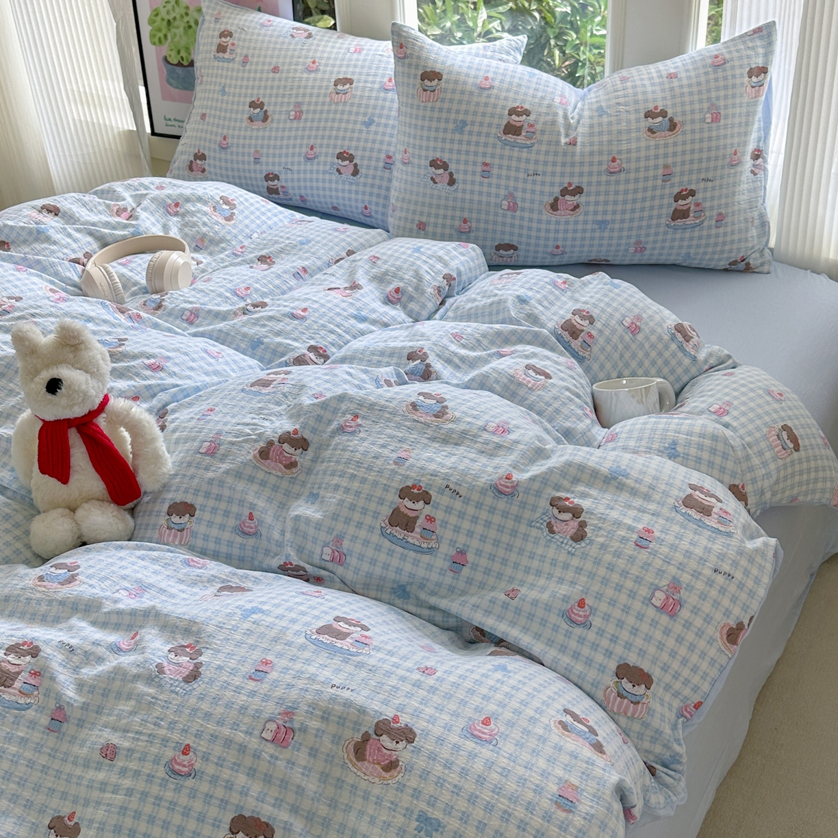 91家纺网 家纺一手货源 找家纺 桔禾家纺 2025新款小清新水洗棉有氧双层纱印花云感木棉皱皱纱四件套 蛋糕小狗