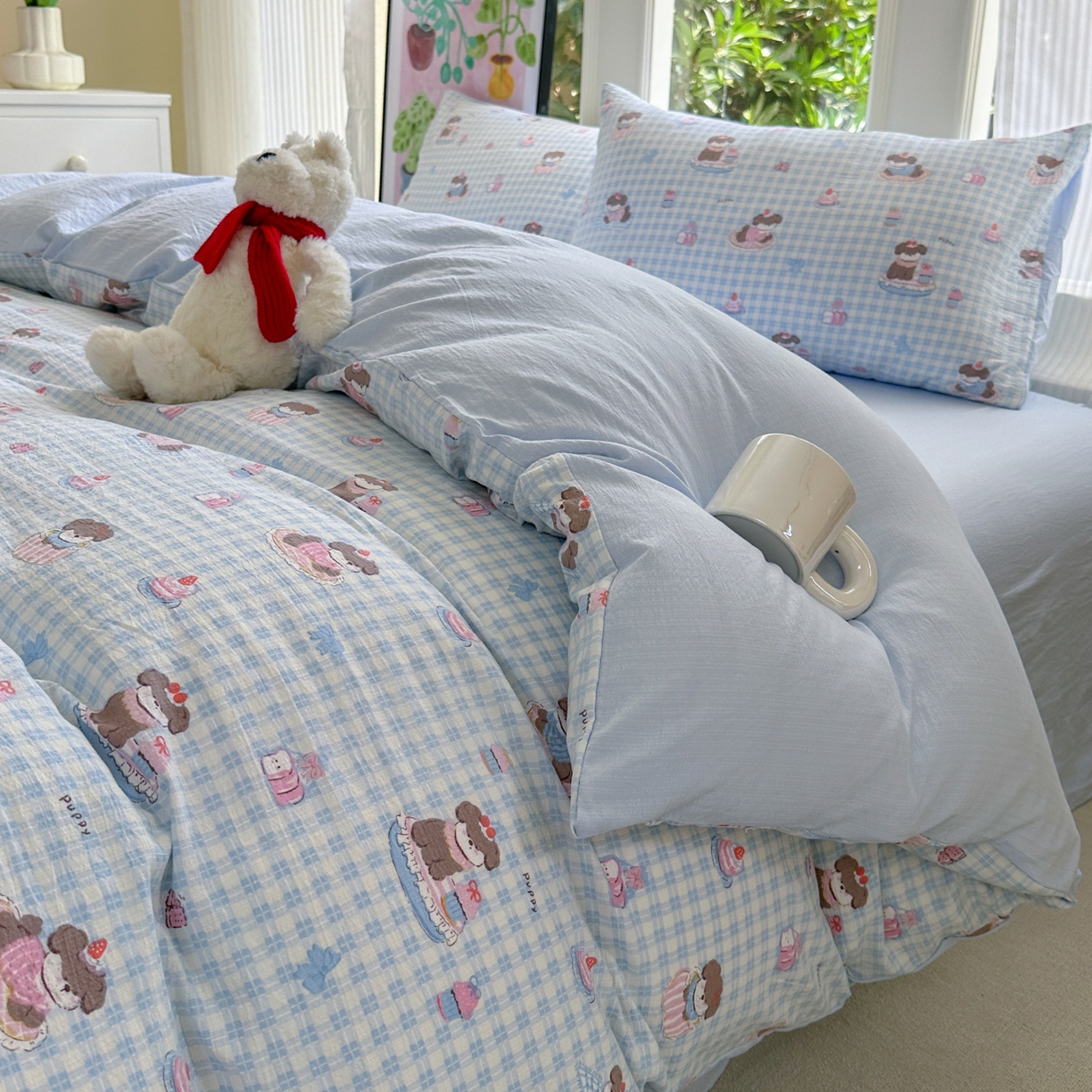 91家纺网 家纺一手货源 找家纺 桔禾家纺 2025新款小清新水洗棉有氧双层纱印花云感木棉皱皱纱四件套 蛋糕小狗