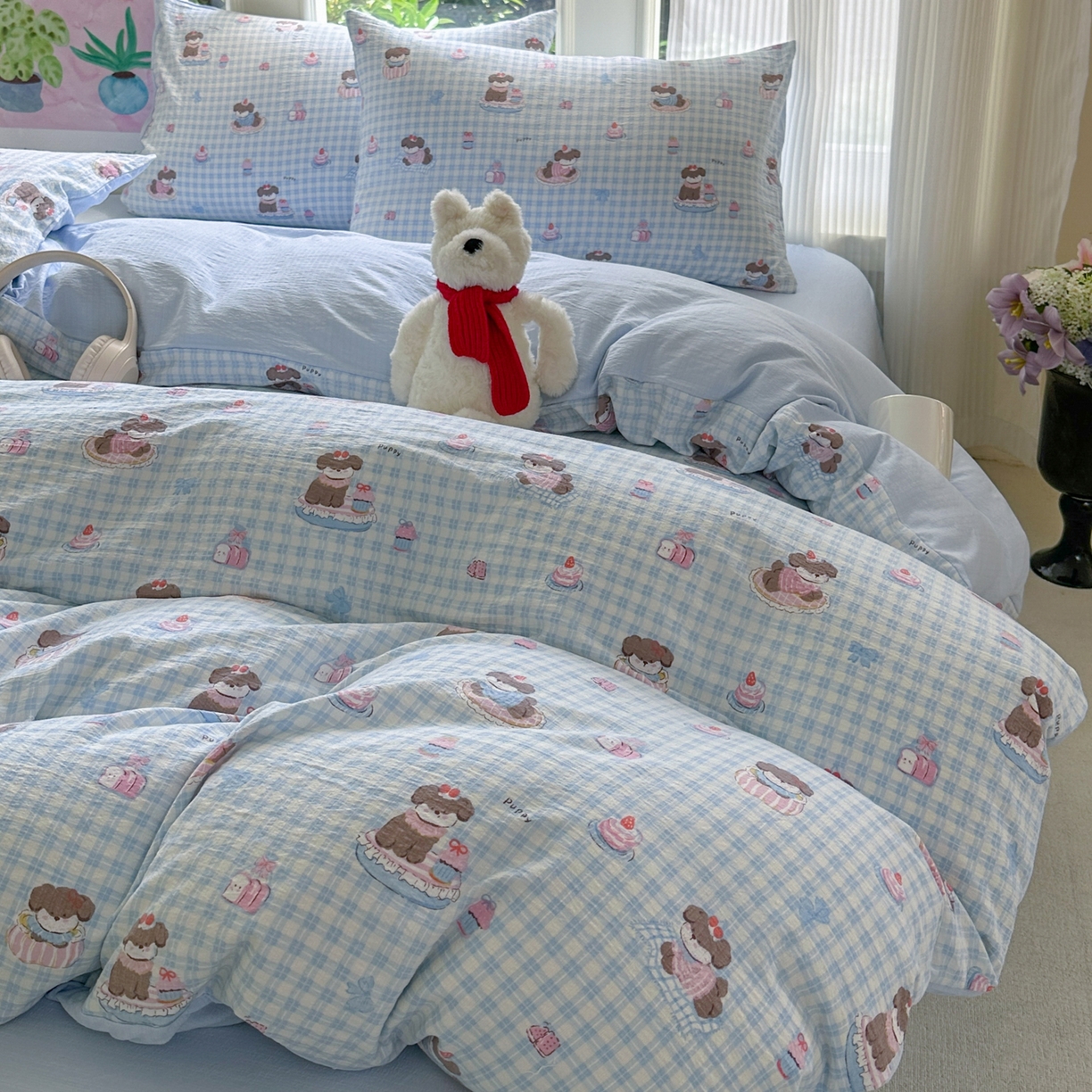 91家纺网 家纺一手货源 找家纺 桔禾家纺 2025新款小清新水洗棉有氧双层纱印花云感木棉皱皱纱四件套 蛋糕小狗