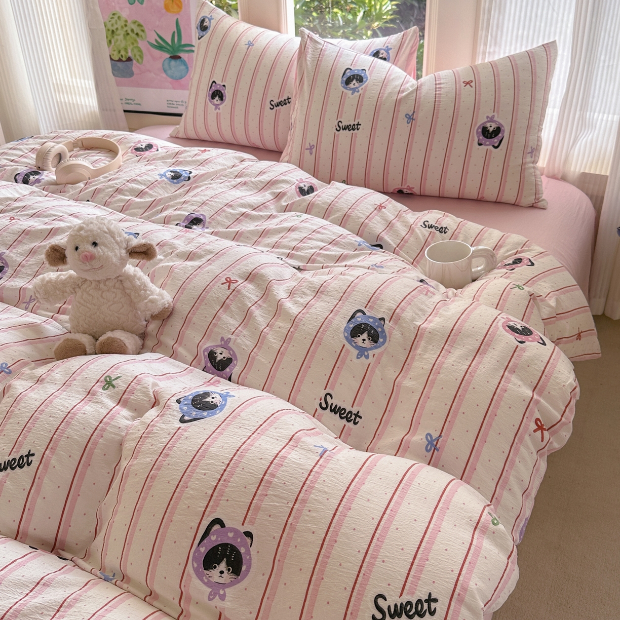 91家纺网 家纺一手货源 找家纺 桔禾家纺 2025新款小清新水洗棉有氧双层纱印花云感木棉皱皱纱四件套 萌宠来袭