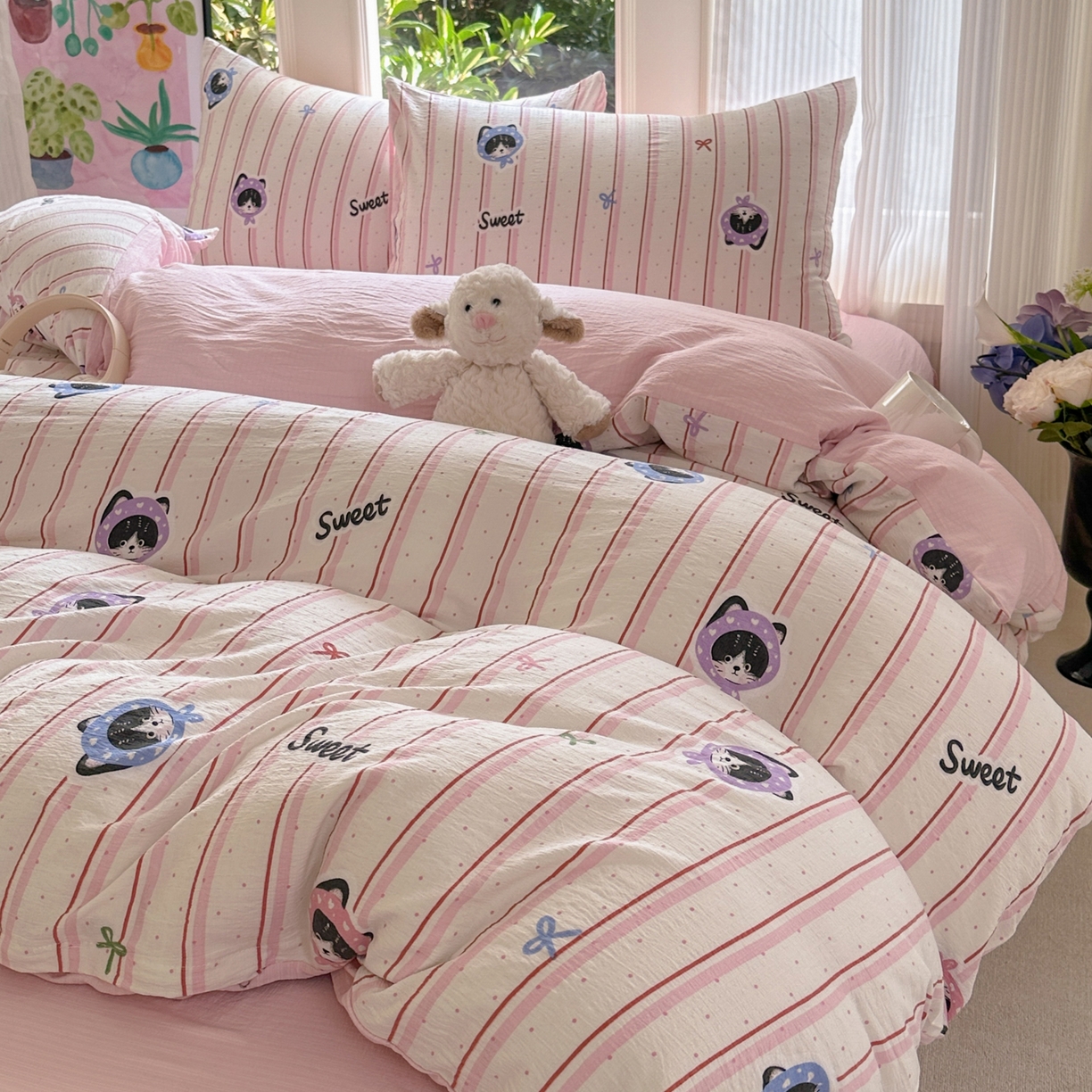 91家纺网 家纺一手货源 找家纺 桔禾家纺 2025新款小清新水洗棉有氧双层纱印花云感木棉皱皱纱四件套 萌宠来袭