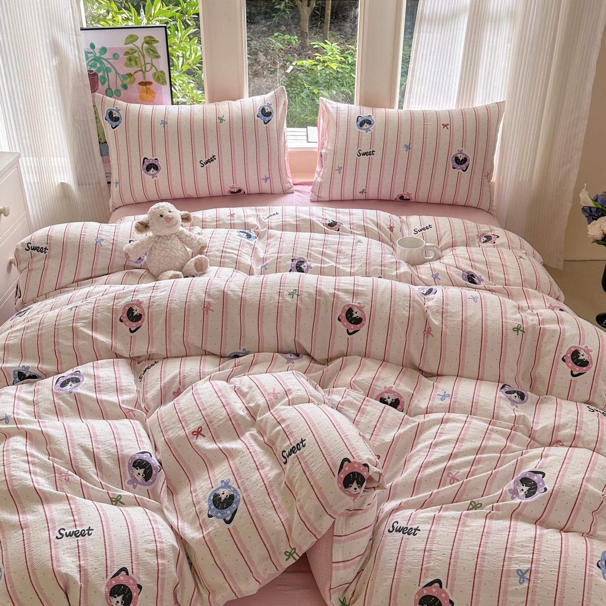 91家纺网 家纺一手货源 找家纺 桔禾家纺 2025新款小清新水洗棉有氧双层纱印花云感木棉皱皱纱四件套 萌宠来袭