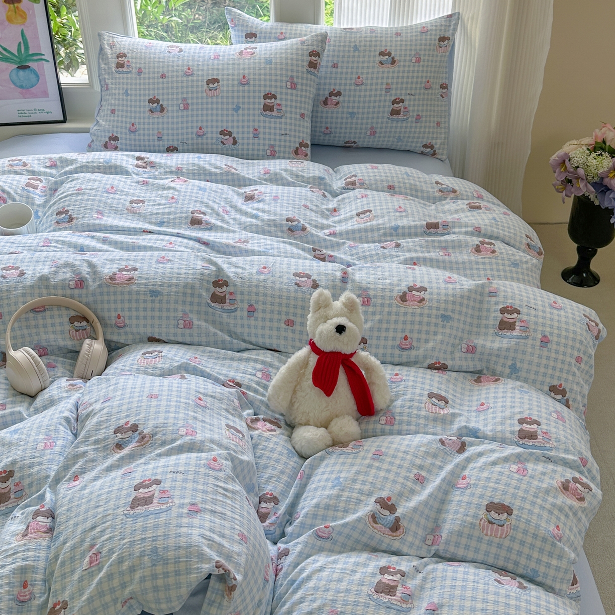 91家纺网 家纺一手货源 找家纺 桔禾家纺 2025新款小清新水洗棉有氧双层纱印花云感木棉皱皱纱四件套 蛋糕小狗