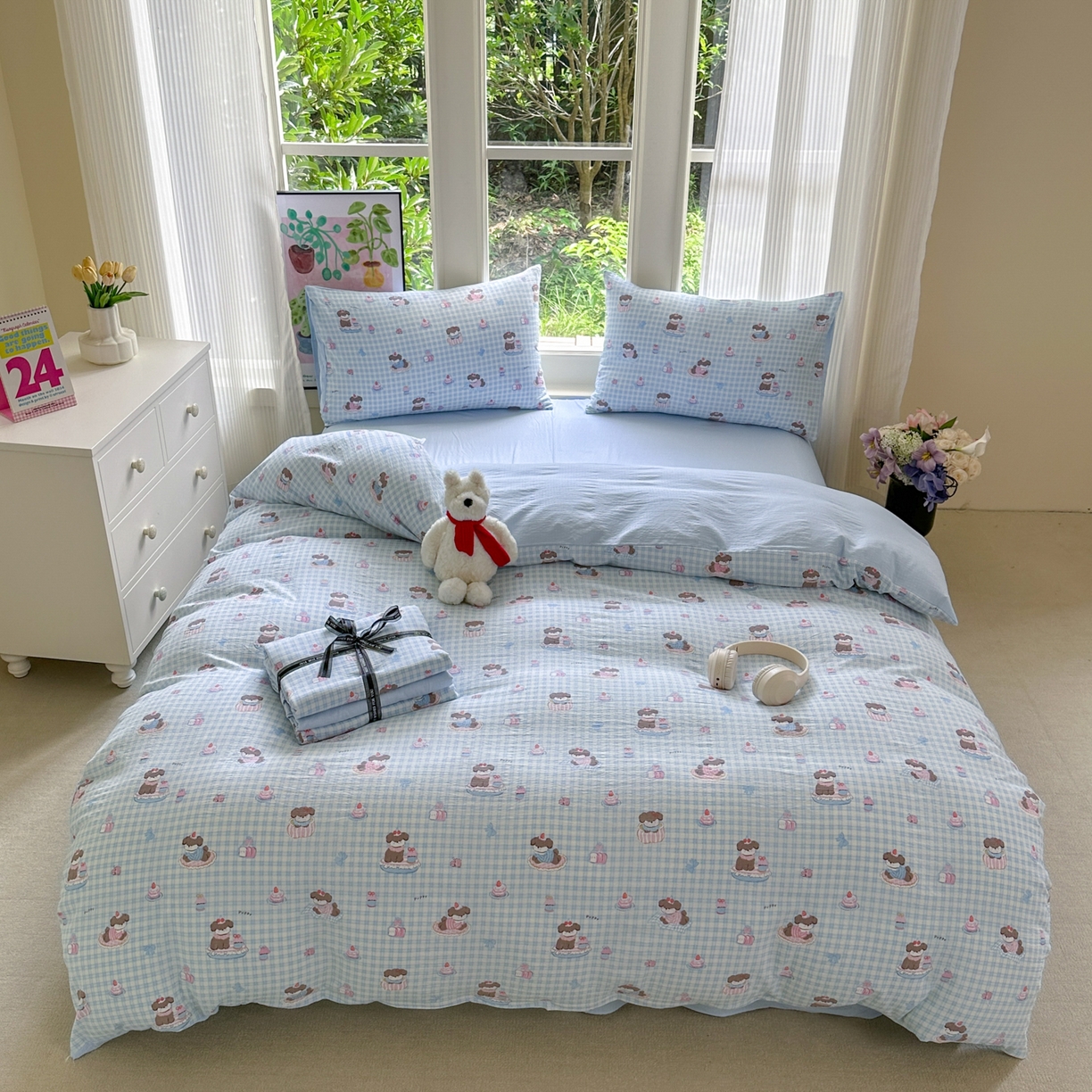 91家纺网 家纺一手货源 找家纺 桔禾家纺 2025新款小清新水洗棉有氧双层纱印花云感木棉皱皱纱四件套 蛋糕小狗