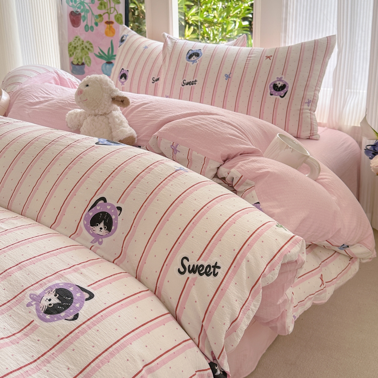 91家纺网 家纺一手货源 找家纺 桔禾家纺 2025新款小清新水洗棉有氧双层纱印花云感木棉皱皱纱四件套 萌宠来袭