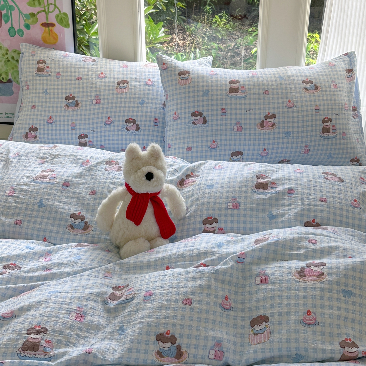 91家纺网 家纺一手货源 找家纺 桔禾家纺 2025新款小清新水洗棉有氧双层纱印花云感木棉皱皱纱四件套 蛋糕小狗