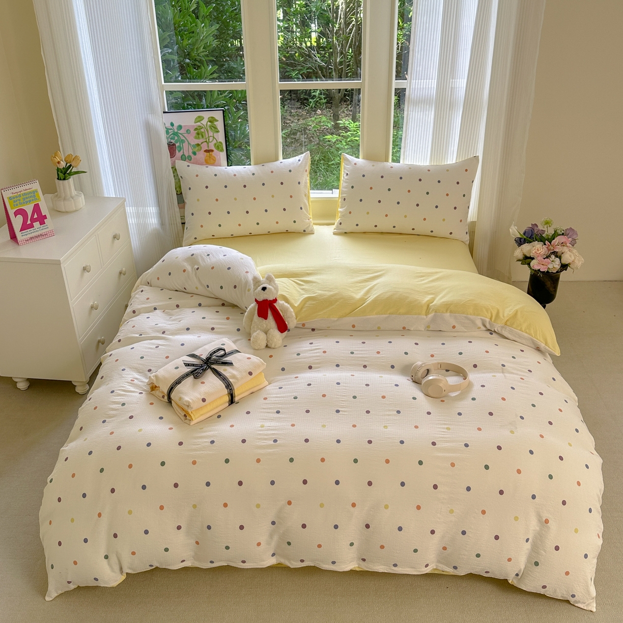 91家纺网 家纺一手货源 找家纺 桔禾家纺 2025新款小清新水洗棉有氧双层纱印花云感木棉皱皱纱四件套 小遇见