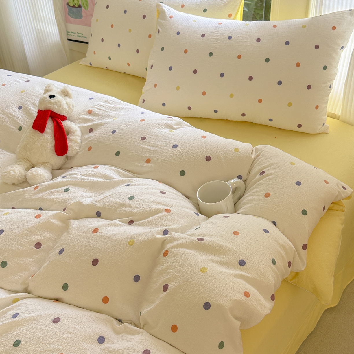 91家纺网 家纺一手货源 找家纺 桔禾家纺 2025新款小清新水洗棉有氧双层纱印花云感木棉皱皱纱四件套 小遇见