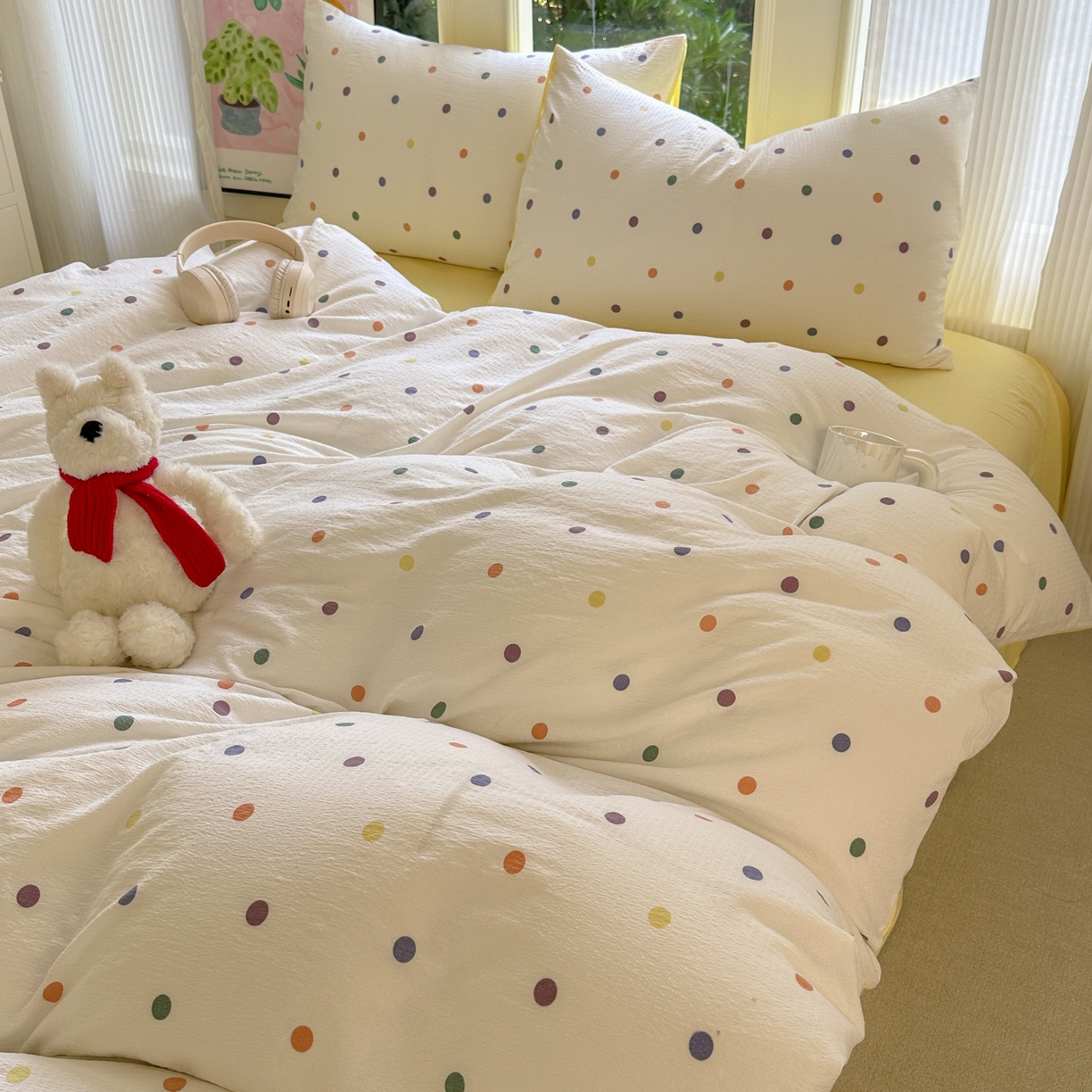 91家纺网 家纺一手货源 找家纺 桔禾家纺 2025新款小清新水洗棉有氧双层纱印花云感木棉皱皱纱四件套 小遇见