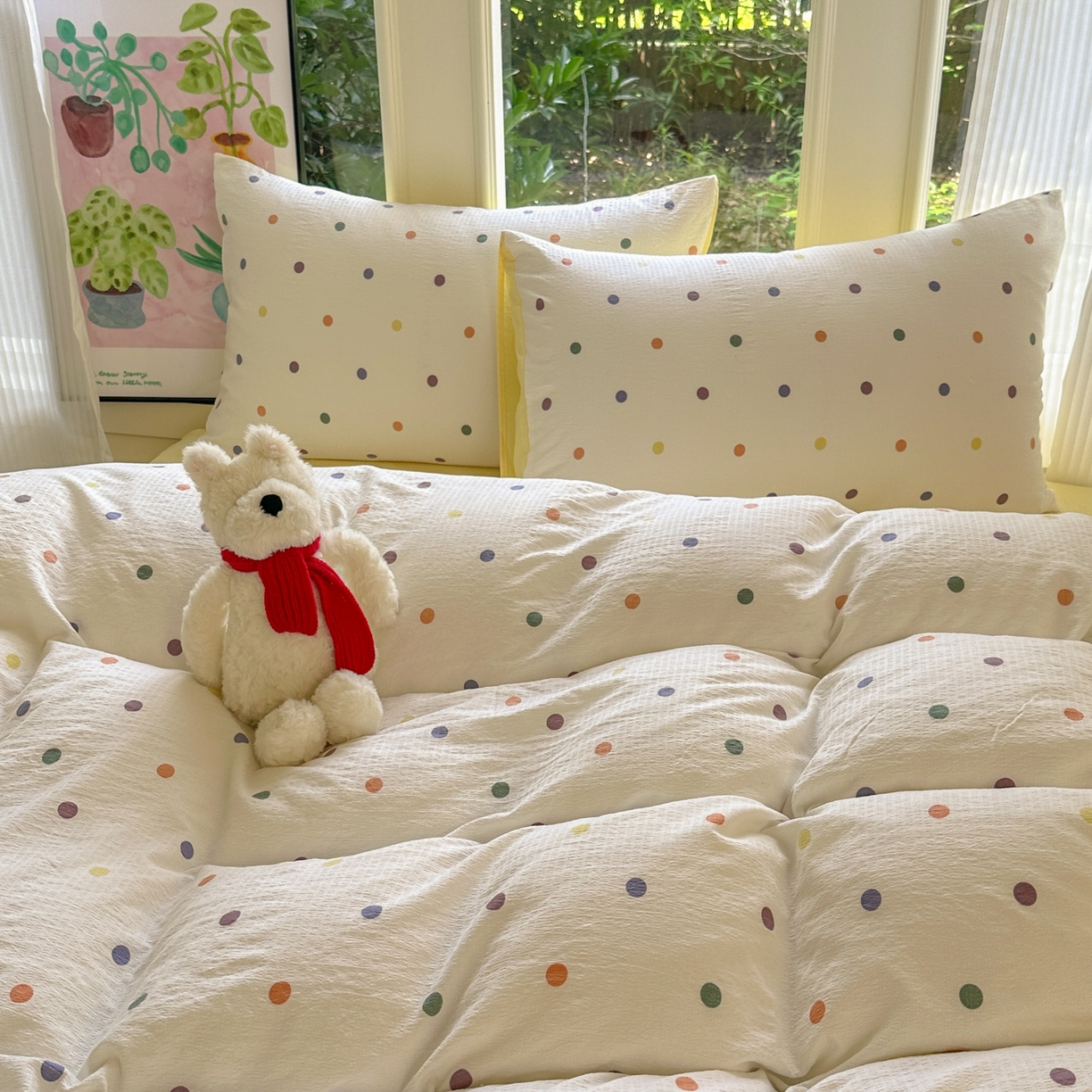 91家纺网 家纺一手货源 找家纺 桔禾家纺 2025新款小清新水洗棉有氧双层纱印花云感木棉皱皱纱四件套 小遇见