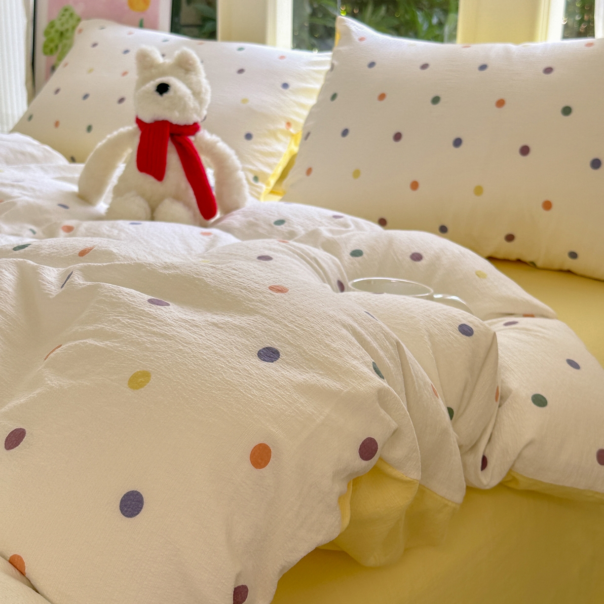 91家纺网 家纺一手货源 找家纺 桔禾家纺 2025新款小清新水洗棉有氧双层纱印花云感木棉皱皱纱四件套 小遇见