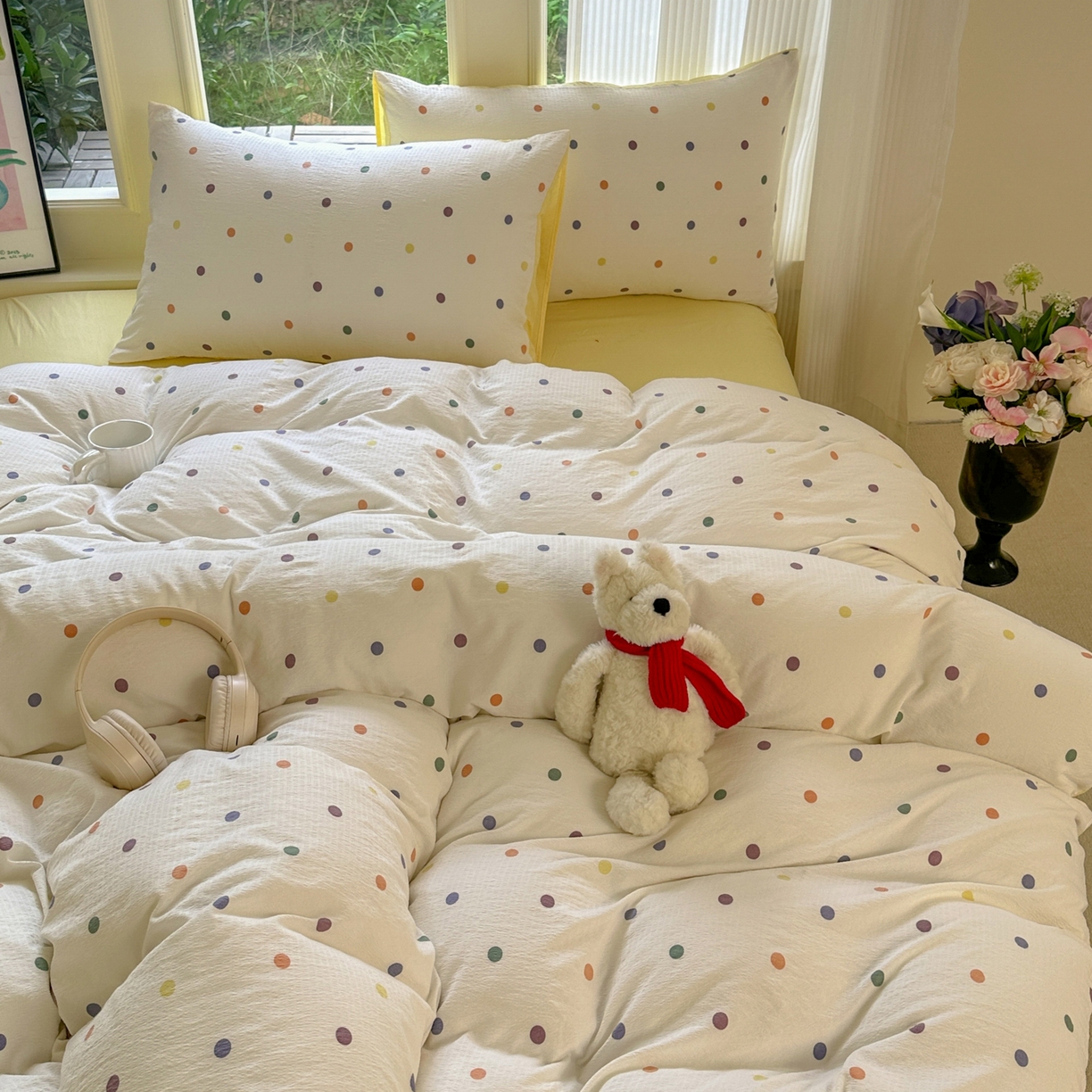 91家纺网 家纺一手货源 找家纺 桔禾家纺 2025新款小清新水洗棉有氧双层纱印花云感木棉皱皱纱四件套 小遇见