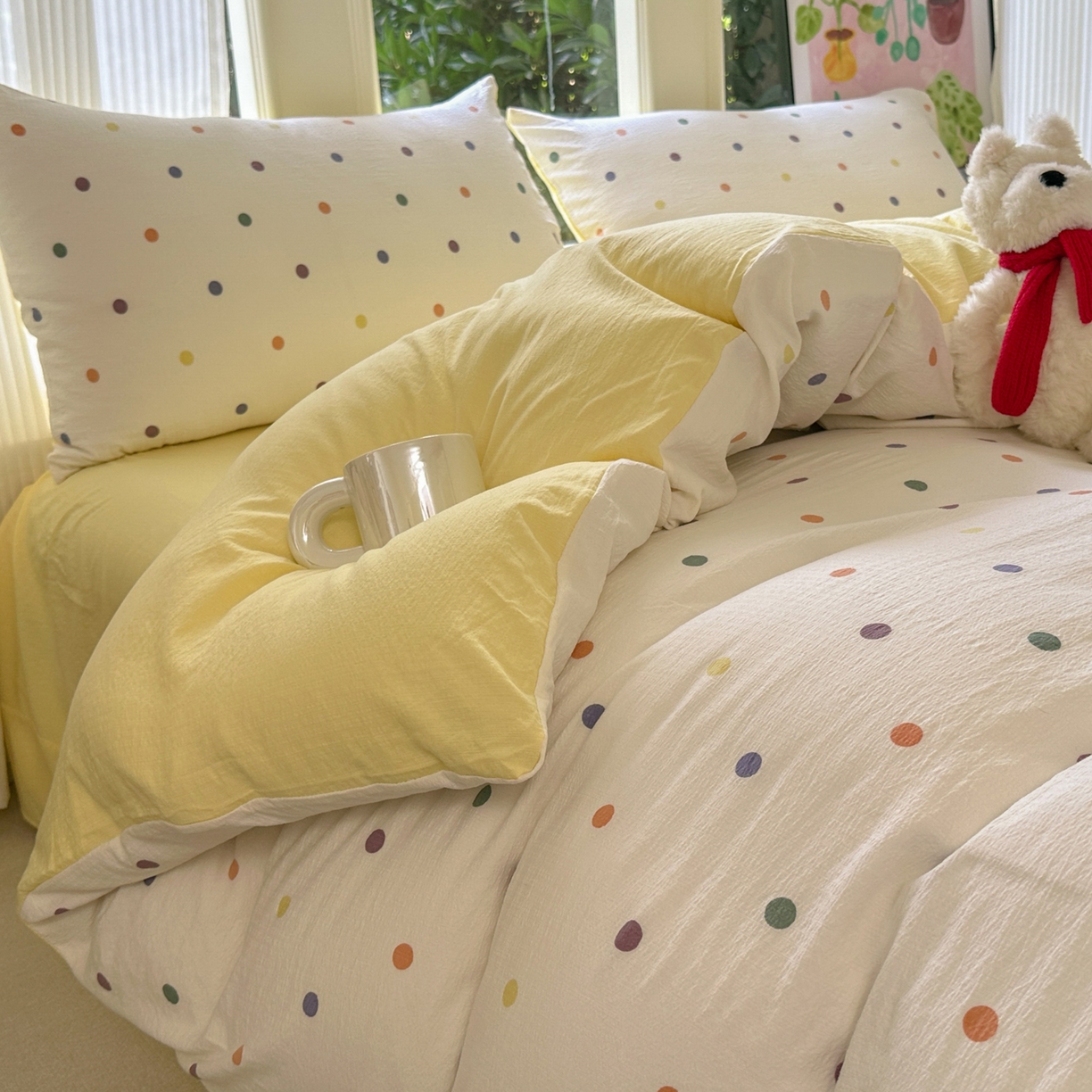 91家纺网 家纺一手货源 找家纺 桔禾家纺 2025新款小清新水洗棉有氧双层纱印花云感木棉皱皱纱四件套 小遇见