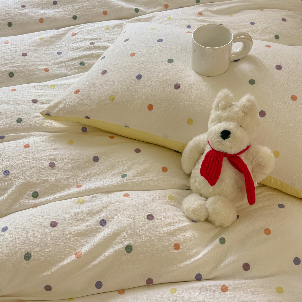 91家纺网 家纺一手货源 找家纺 桔禾家纺 2025新款小清新水洗棉有氧双层纱印花云感木棉皱皱纱四件套 小遇见