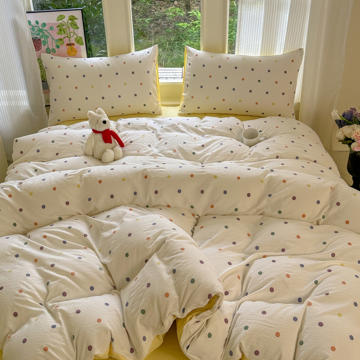 91家纺网 家纺一手货源 找家纺 桔禾家纺 2025新款小清新水洗棉有氧双层纱印花云感木棉皱皱纱四件套 小遇见