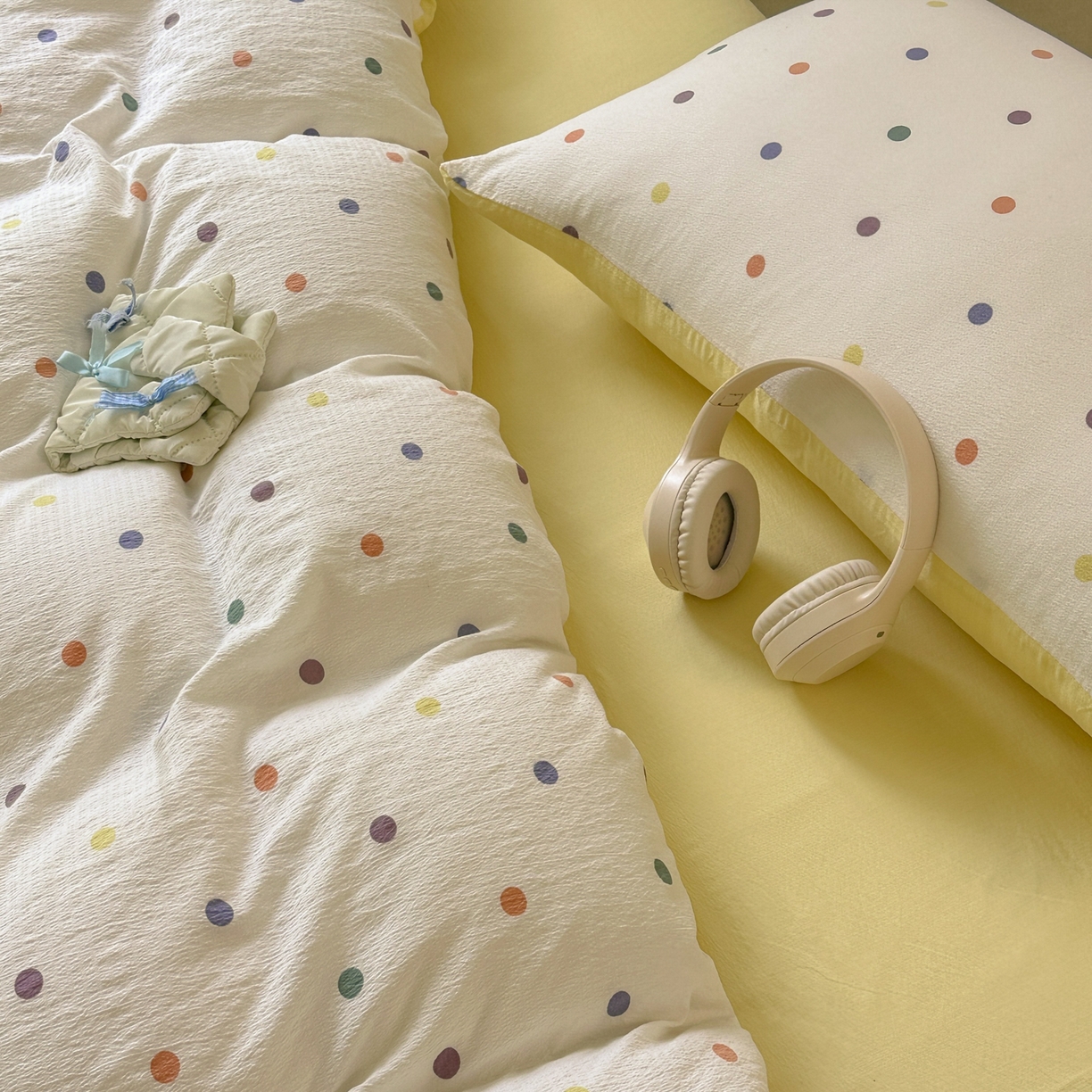 91家纺网 家纺一手货源 找家纺 桔禾家纺 2025新款小清新水洗棉有氧双层纱印花云感木棉皱皱纱四件套 小遇见