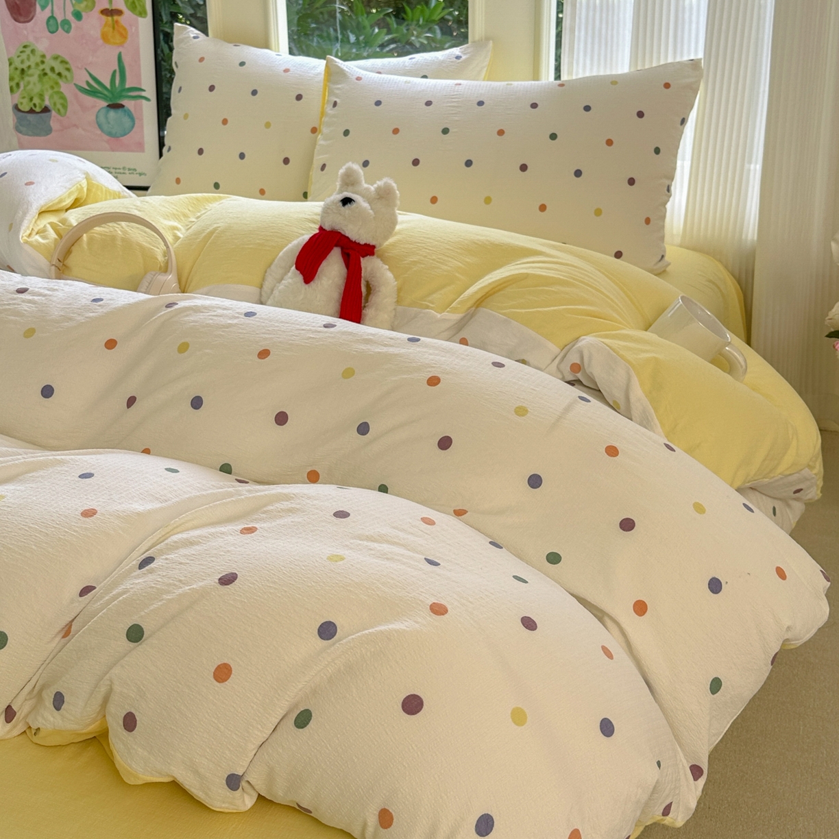 91家纺网 家纺一手货源 找家纺 桔禾家纺 2025新款小清新水洗棉有氧双层纱印花云感木棉皱皱纱四件套 小遇见