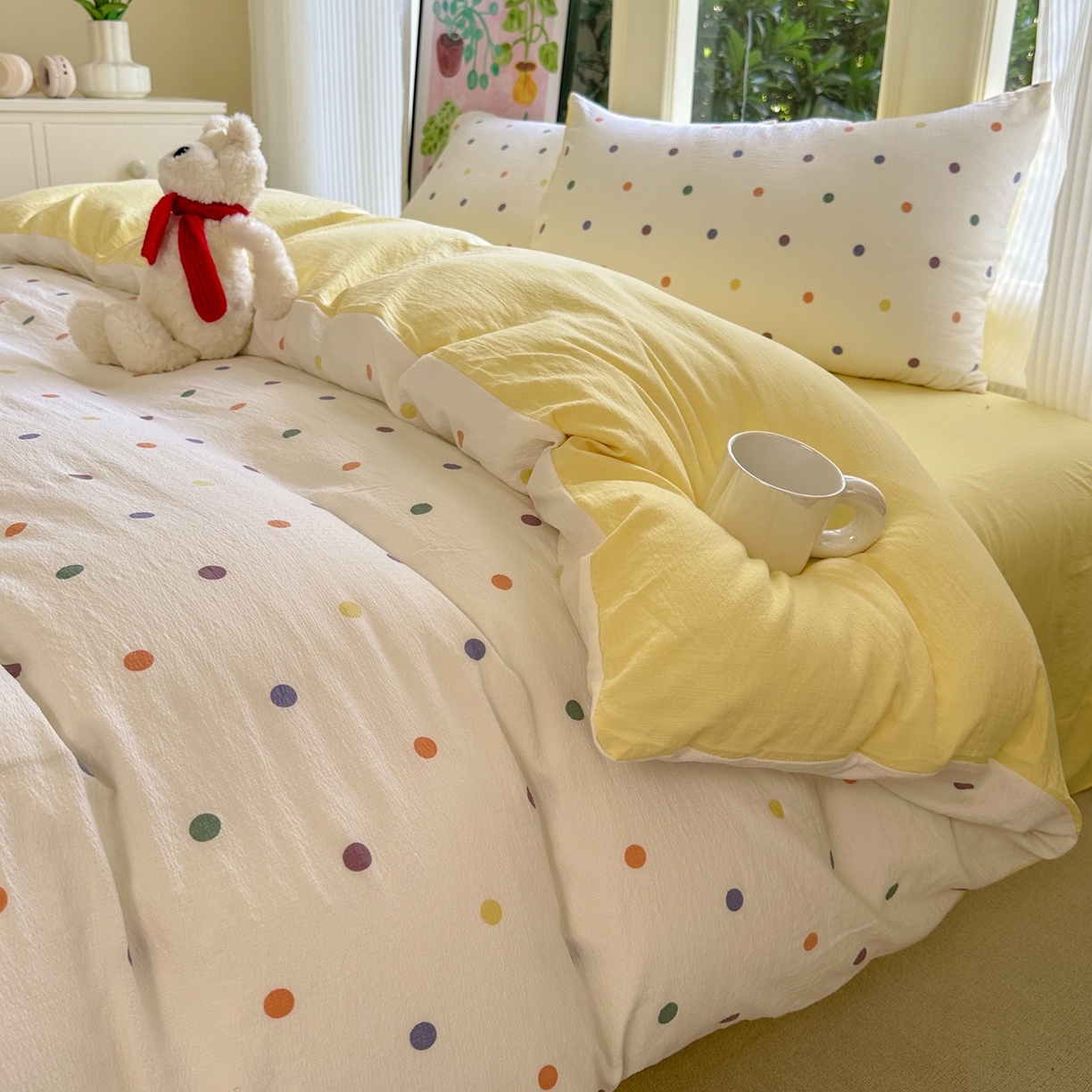 91家纺网 家纺一手货源 找家纺 桔禾家纺 2025新款小清新水洗棉有氧双层纱印花云感木棉皱皱纱四件套 小遇见