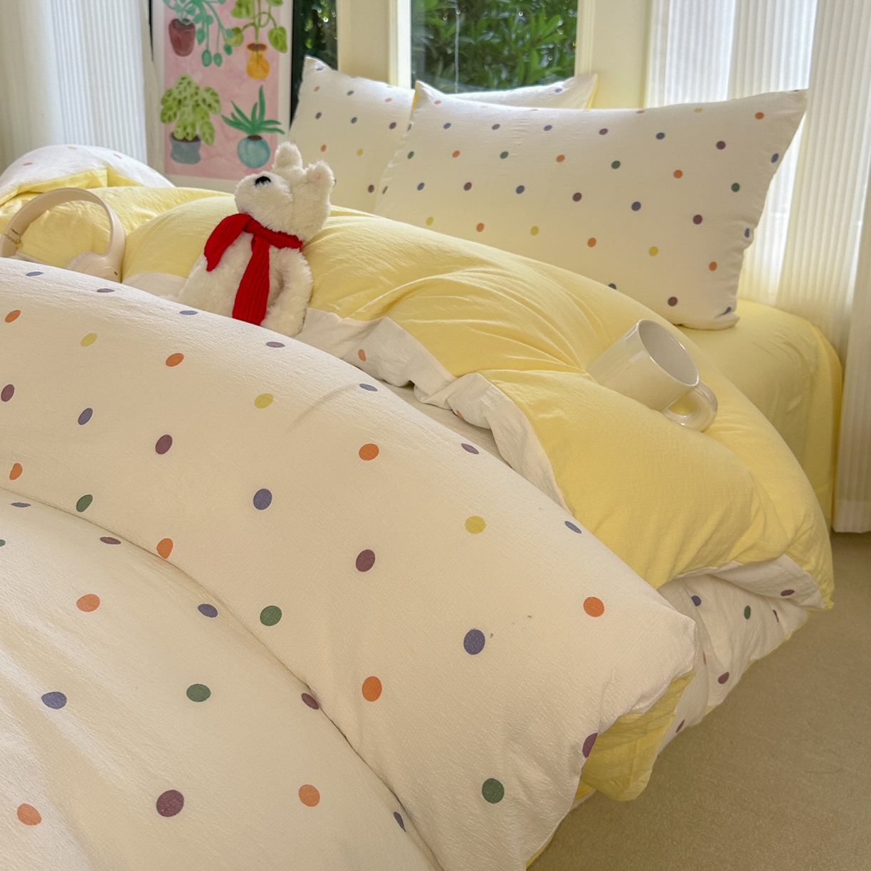 91家纺网 家纺一手货源 找家纺 桔禾家纺 2025新款小清新水洗棉有氧双层纱印花云感木棉皱皱纱四件套 小遇见