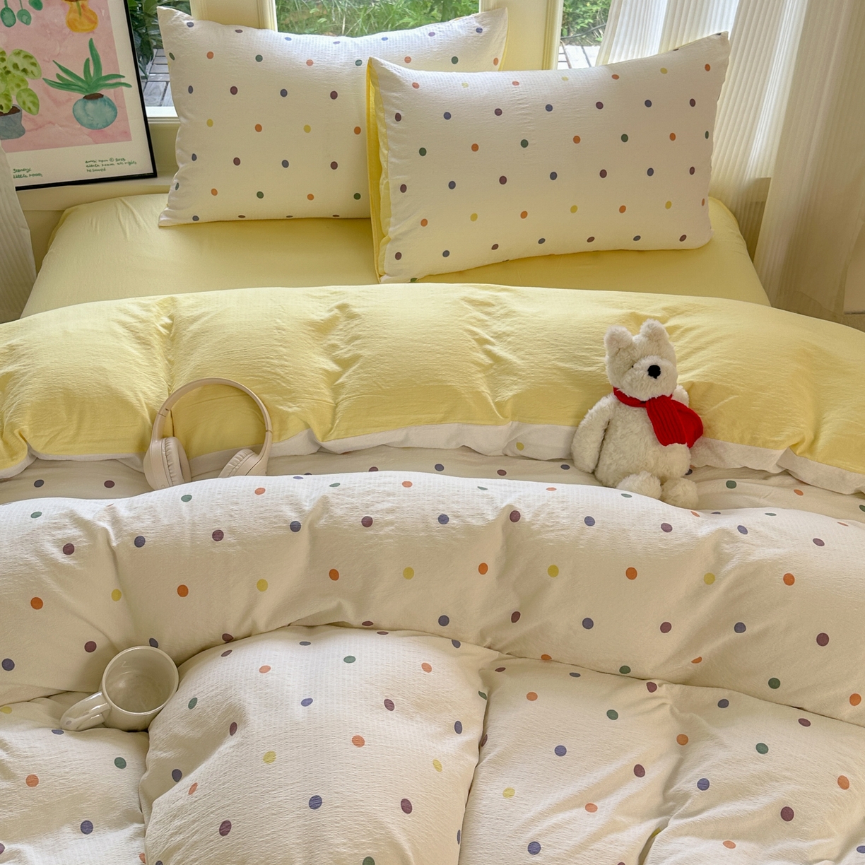 91家纺网 家纺一手货源 找家纺 桔禾家纺 2025新款小清新水洗棉有氧双层纱印花云感木棉皱皱纱四件套 小遇见