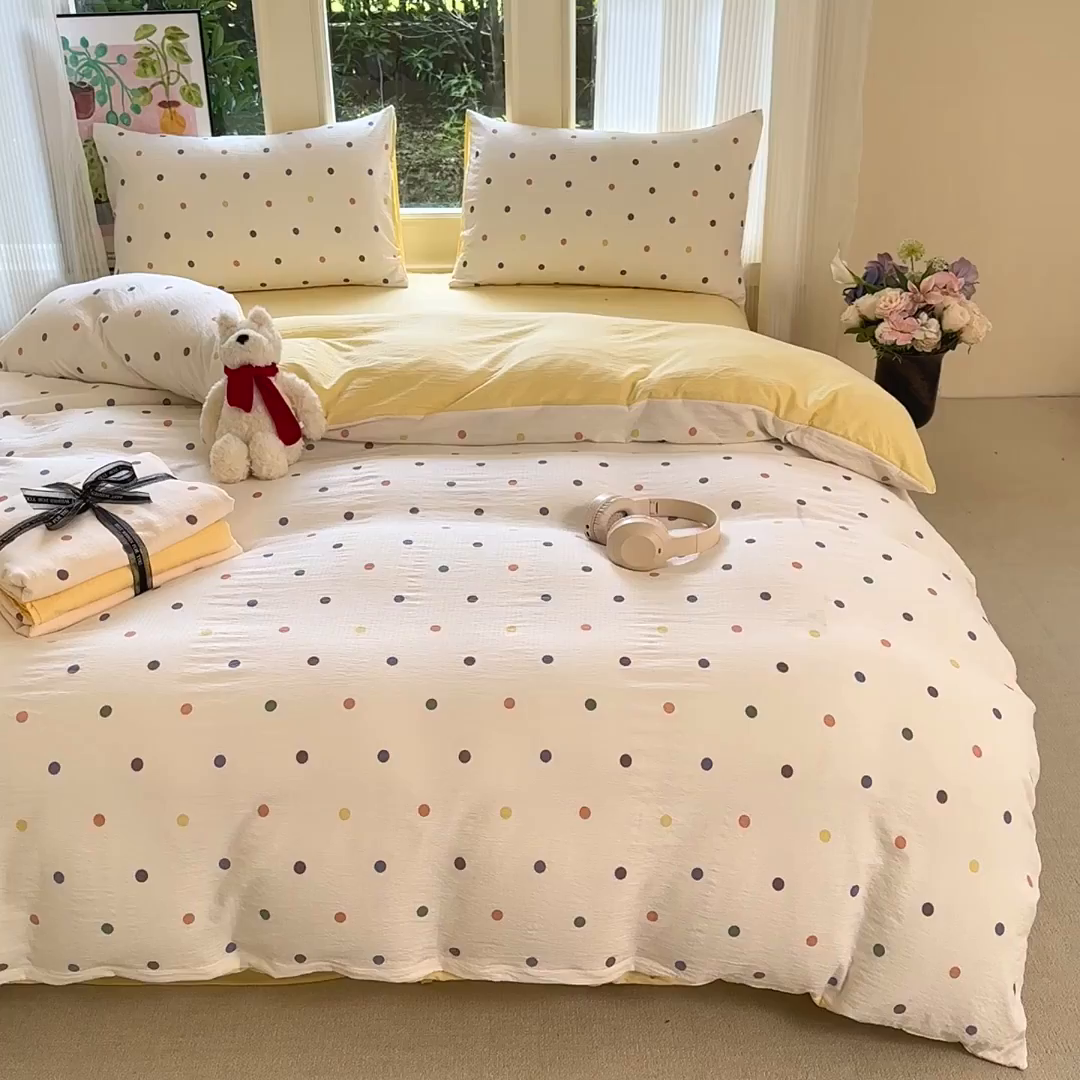 91家纺网 家纺一手货源 找家纺 桔禾家纺 2025新款小清新水洗棉有氧双层纱印花云感木棉皱皱纱四件套 小遇见