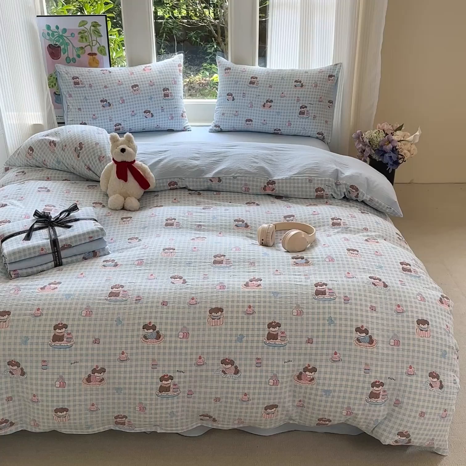 91家纺网 家纺一手货源 找家纺 桔禾家纺 2025新款小清新水洗棉有氧双层纱印花云感木棉皱皱纱四件套 蛋糕小狗