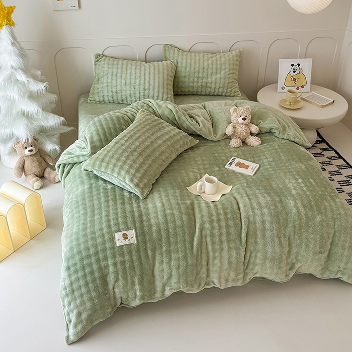 91家纺网 家纺一手货源 找家纺 宜派家纺 2025新款A类简约高克重泡泡兔毛绒四件套 泡泡-茶绿