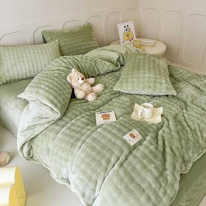 91家纺网 家纺一手货源 找家纺 宜派家纺 2025新款A类简约高克重泡泡兔毛绒四件套 泡泡-茶绿