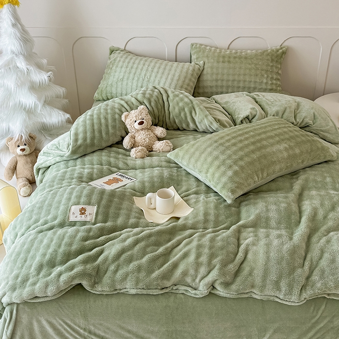 91家纺网 家纺一手货源 找家纺 宜派家纺 2025新款A类简约高克重泡泡兔毛绒四件套 泡泡-茶绿