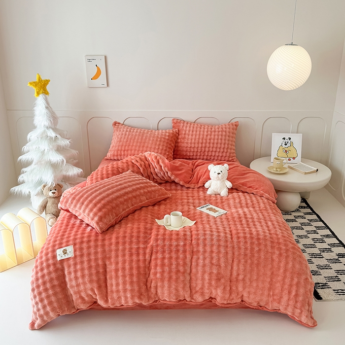 91家纺网 家纺一手货源 找家纺 宜派家纺 2025新款A类简约高克重泡泡兔毛绒四件套 泡泡-赤橙