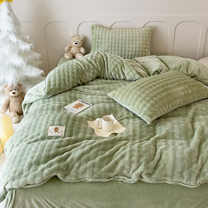 91家纺网 家纺一手货源 找家纺 宜派家纺 2025新款A类简约高克重泡泡兔毛绒四件套 泡泡-茶绿