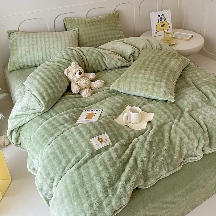 91家纺网 家纺一手货源 找家纺 宜派家纺 2025新款A类简约高克重泡泡兔毛绒四件套 泡泡-茶绿