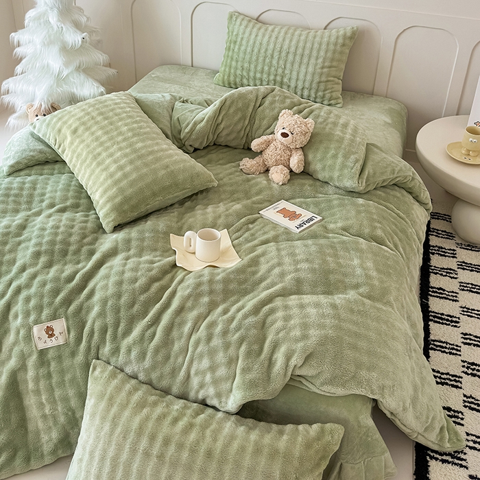 91家纺网 家纺一手货源 找家纺 宜派家纺 2025新款A类简约高克重泡泡兔毛绒四件套 泡泡-茶绿