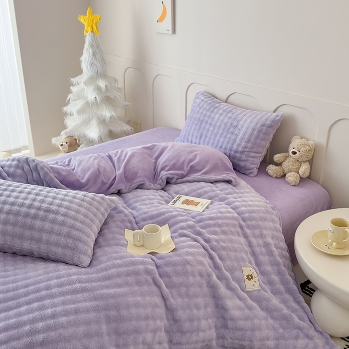 91家纺网 家纺一手货源 找家纺 宜派家纺 2025新款A类简约高克重泡泡兔毛绒四件套 泡泡-芋紫