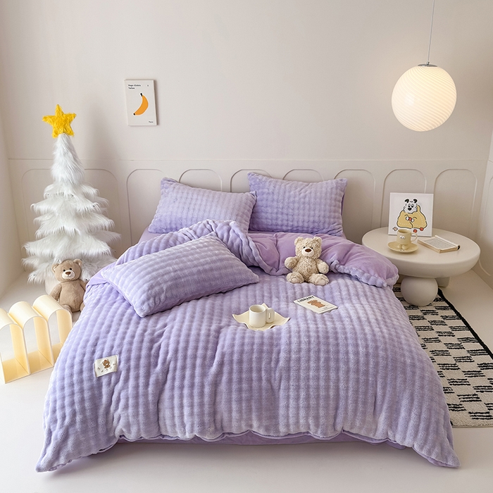 91家纺网 家纺一手货源 找家纺 宜派家纺 2025新款A类简约高克重泡泡兔毛绒四件套 泡泡-芋紫