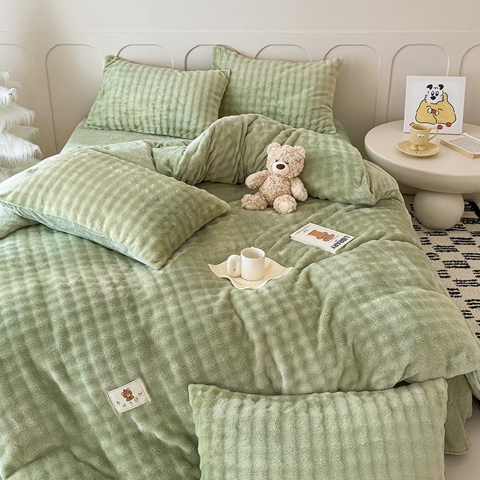 91家纺网 家纺一手货源 找家纺 宜派家纺 2025新款A类简约高克重泡泡兔毛绒四件套 泡泡-茶绿