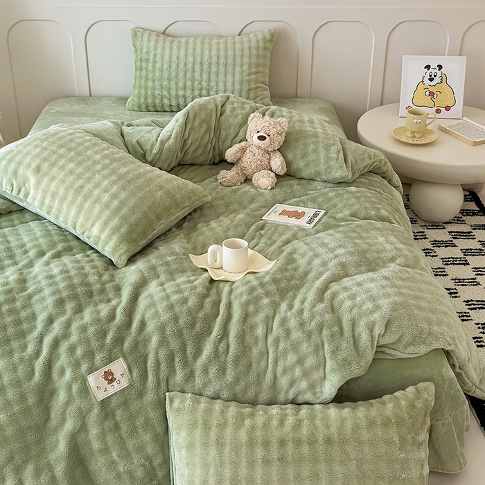 91家纺网 家纺一手货源 找家纺 宜派家纺 2025新款A类简约高克重泡泡兔毛绒四件套 泡泡-茶绿