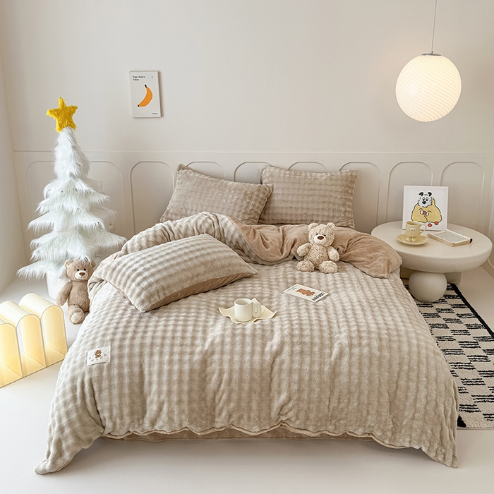 91家纺网 家纺一手货源 找家纺 宜派家纺 2025新款A类简约高克重泡泡兔毛绒四件套 泡泡-米驼