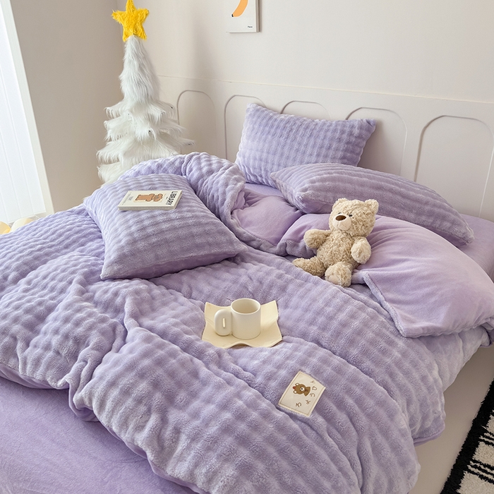 91家纺网 家纺一手货源 找家纺 宜派家纺 2025新款A类简约高克重泡泡兔毛绒四件套 泡泡-芋紫