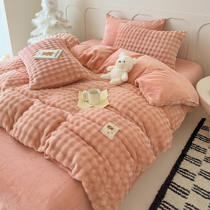 宜派家纺 2025新款A类简约高克重泡泡兔毛绒四件套 泡泡-玉粉